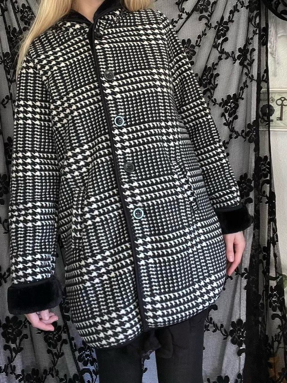 Ike Behar Black and White Houndstooth Coat